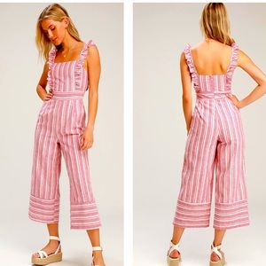 HYFVE White and Red Striped Ruffle Jumpsuit Romper